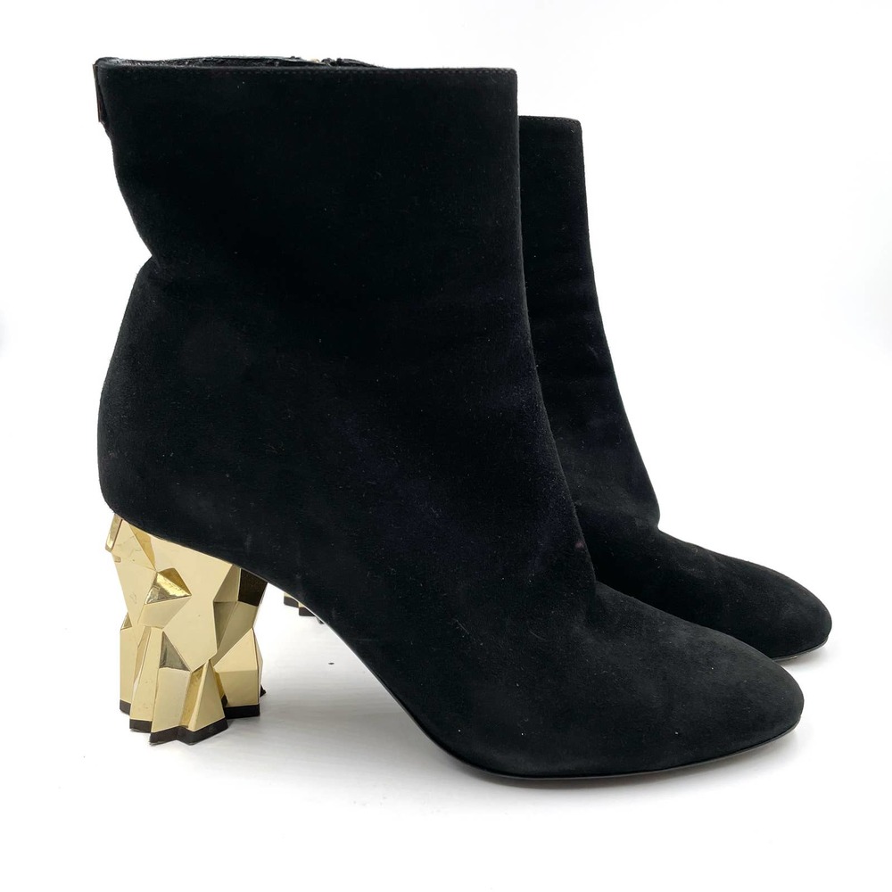 Giuseppe Zanotti Black Suede Boot Gold Geometric Heel Ankle Sz 40 / 9.5 Women's